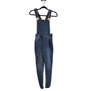 HM Divided Blue Denim Skinny Overalls Side Zip Raw Hem Womens Size 0